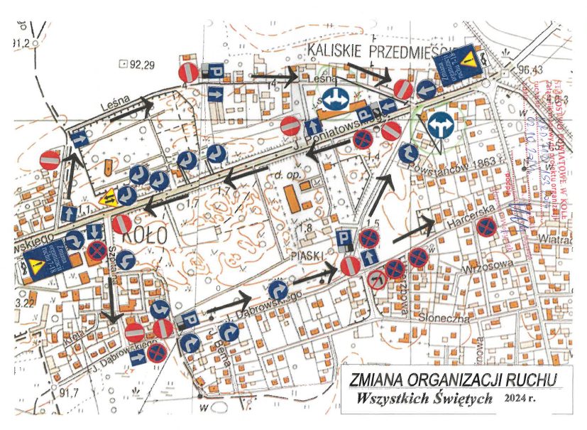 Grafika przedstawia plan zmiany organizacji ruchu pojazdów w rejonie cmentarza w Kole przy ul. Poniatowskiego w Kole