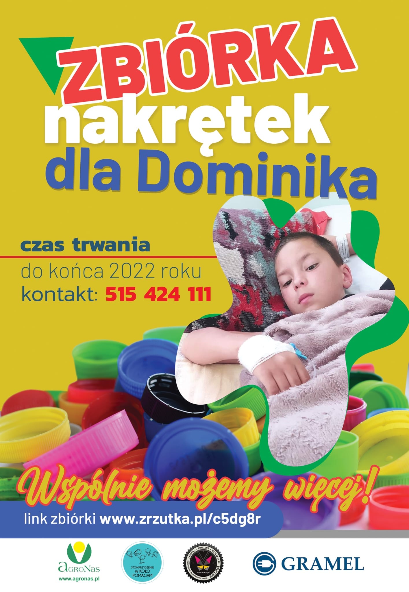 Plakat zbiórka nakrętek dla Dominika, tekst pod plakatem