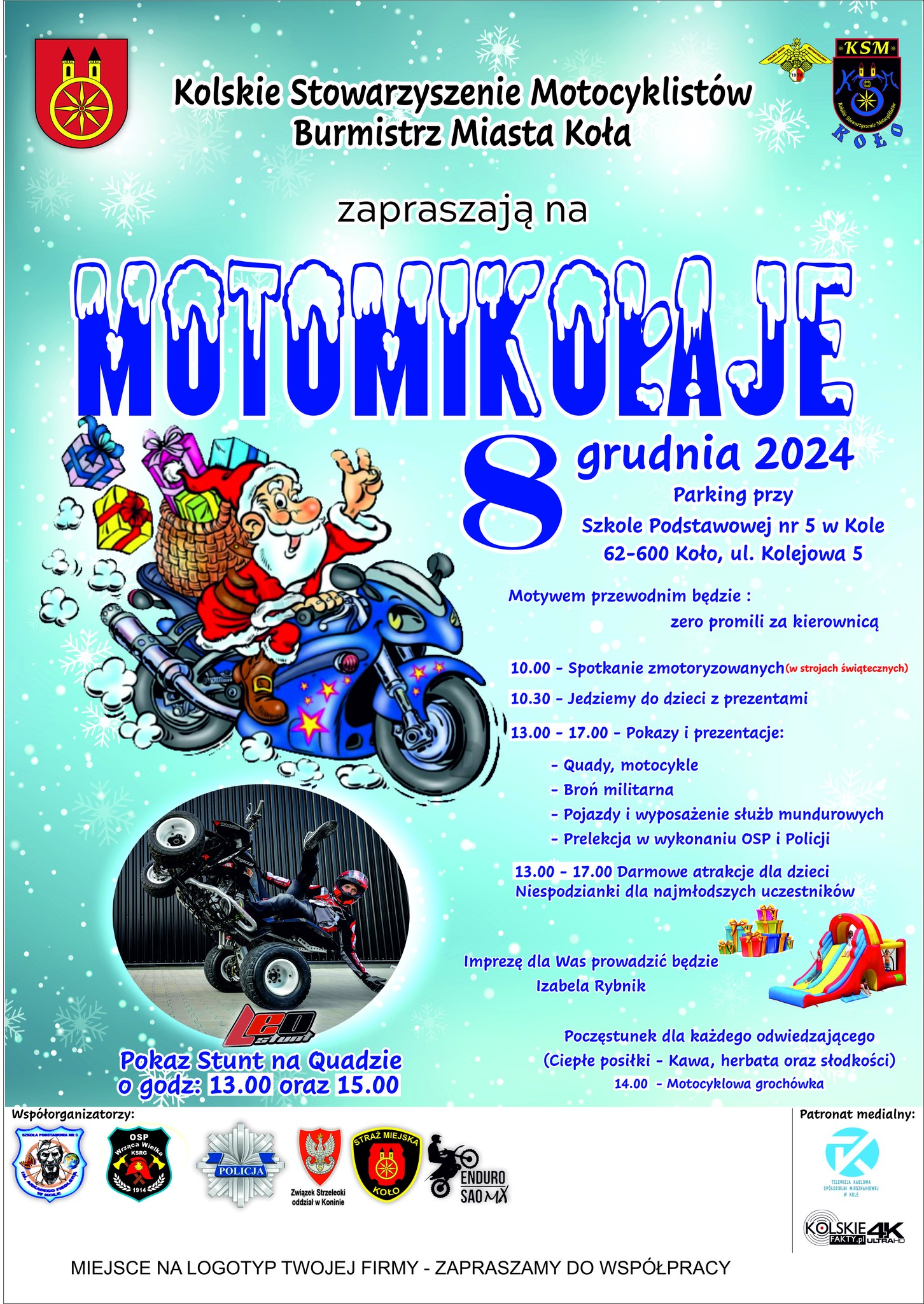 Plakat promujący festyn MOTOMIKOŁAJE 2024, który odbędzie się 8 grudnia 2024 r. Na plakacie z lewej strony rysunek Mikołaja na motocyklu, pod nim zdjęcie pokazu Stunt na quadzie. Z prawej strony informacje o wydarzeniu, na dole plakatu logotypy organ