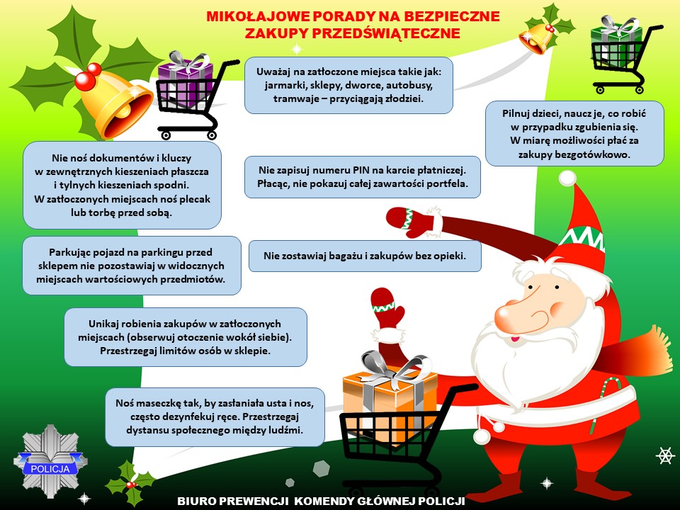Infografika na temat Mikołajkowych porad na bezpieczne zakupy przedświąteczne, tekst pod infografiką