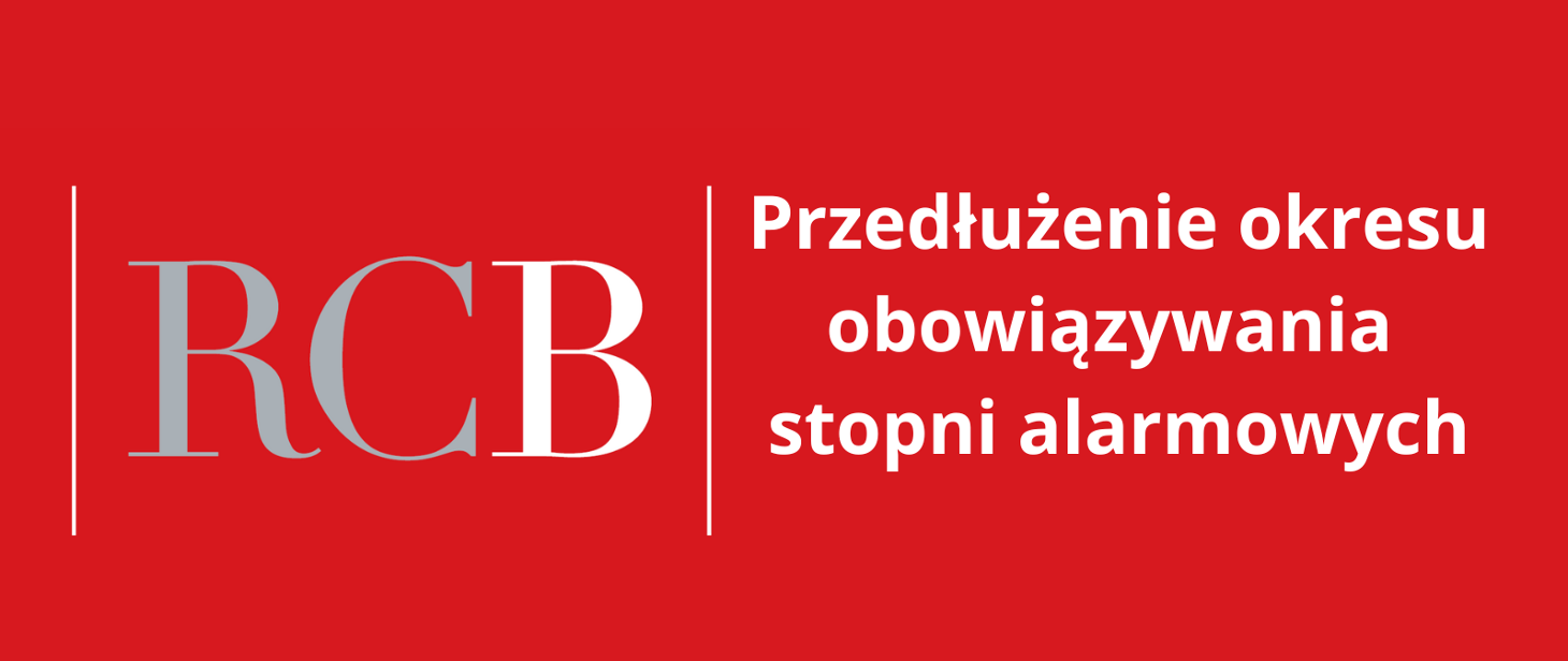 Infografika z napisem RCB Przedłużenie okresu obowiązywania stopni alarmowych