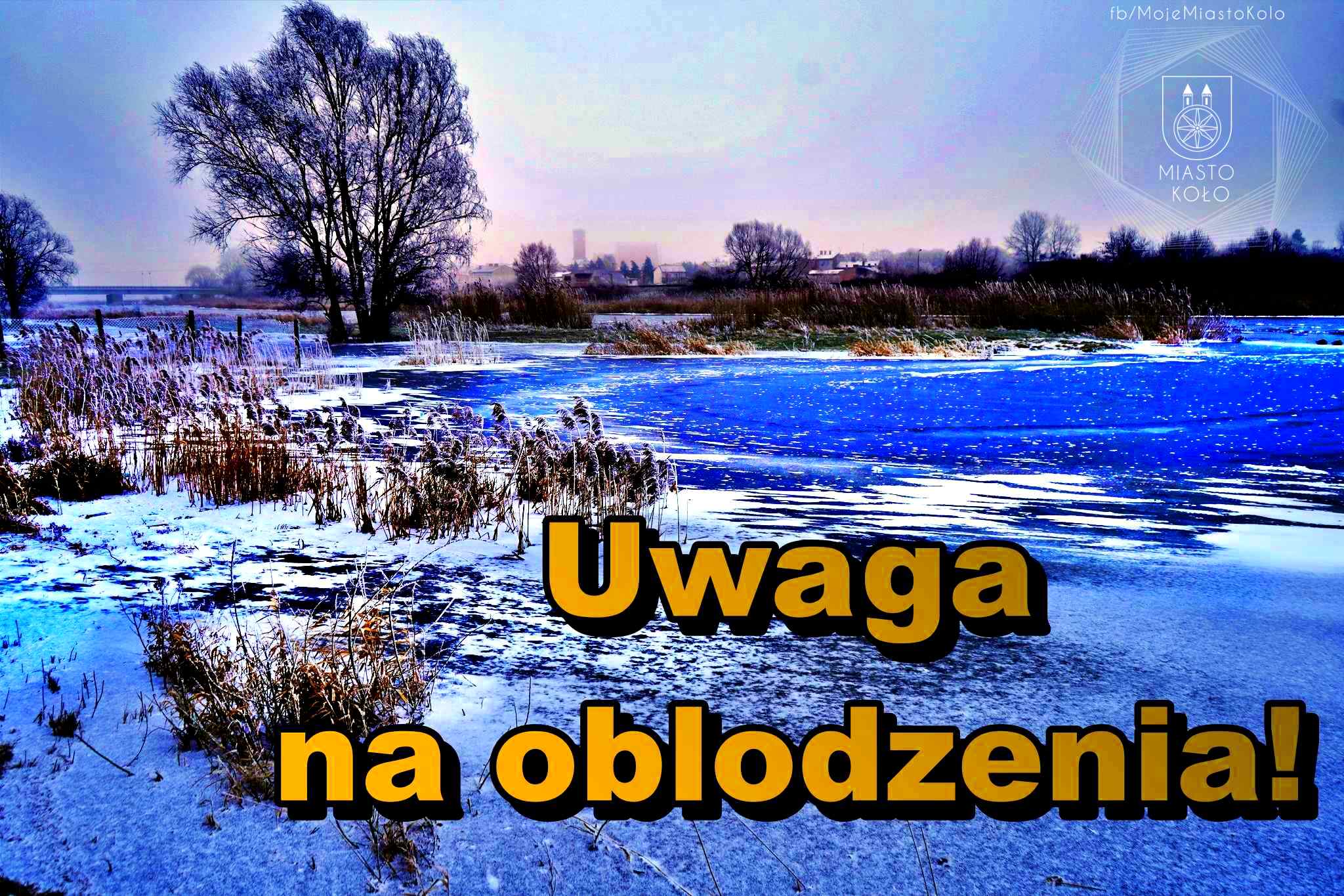 Zdjęcie przedstawia zimowy krajobraz z zamarzniętym stawem, występującymi trzcinami i drzewami. Na zdjęciu jest duży napis: Uwaga na oblodzenia!