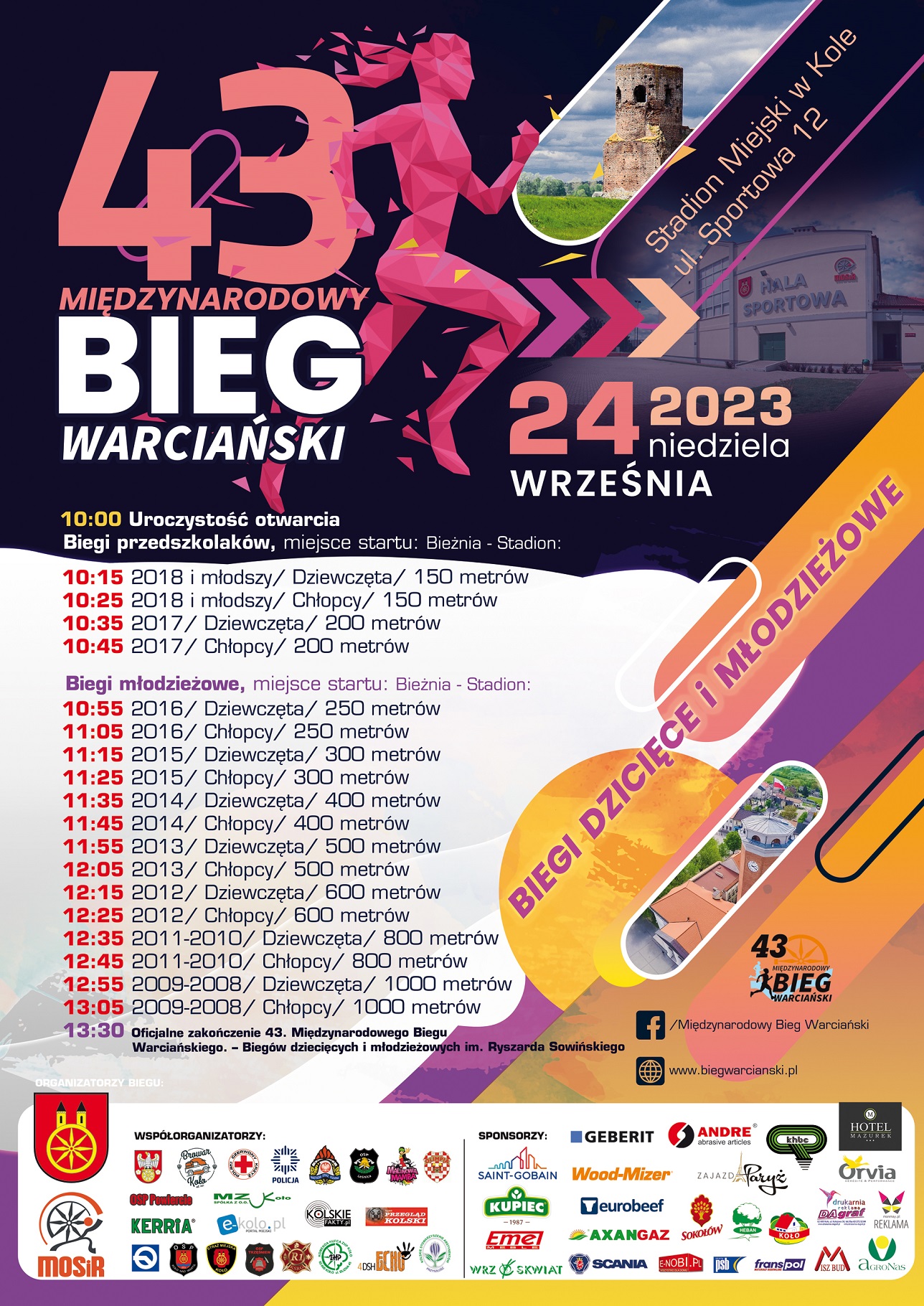 Plakat Biegi dziecięce i młodzieżowe w ramach 43. MBW 2023, tekst pod plakatem.