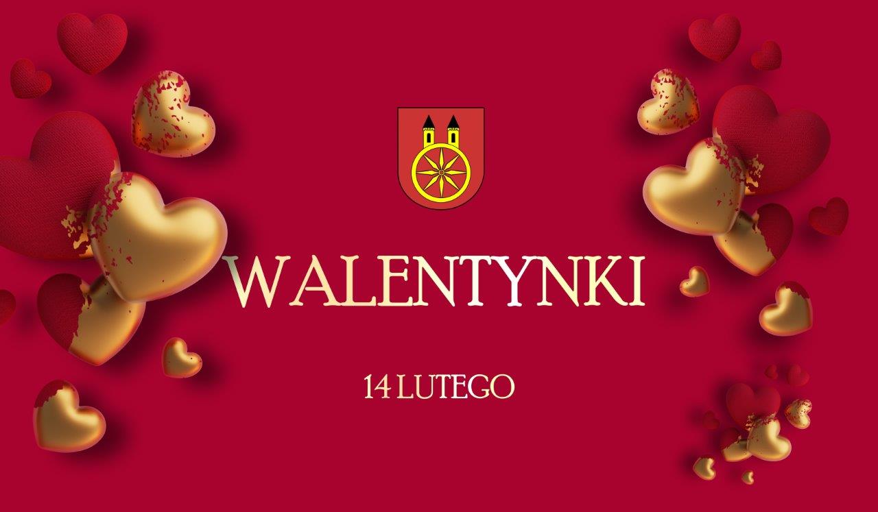 Plansza z datą 14 lutego, herbem miasta Koła i napisem WALENTYNKI