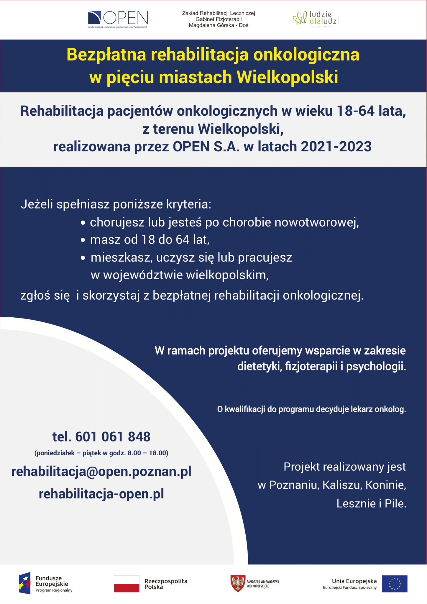 Infografika: Bezpłatna rehabilitacja onkologiczna w pięciu miastach Wlkp., tekst pod infografiką.