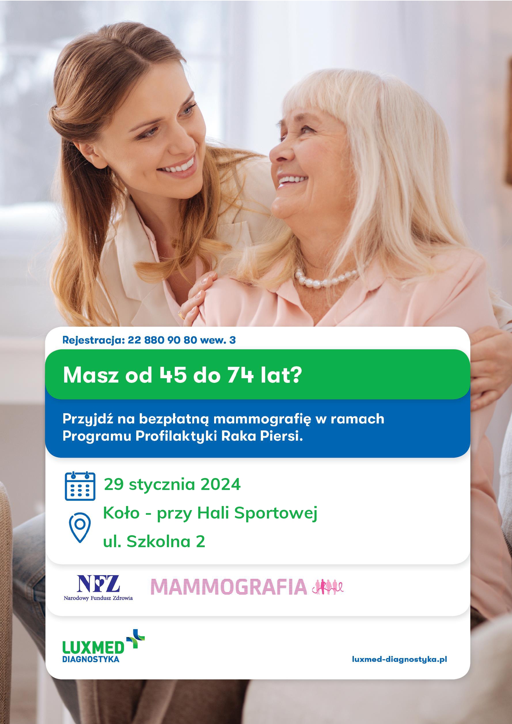 Infografika, bezpłatne badania mammograficzne dla Pań w wieku 45-74 lat, tekst pod infografiką.