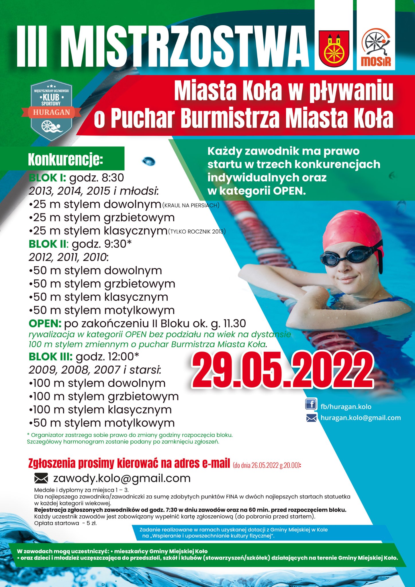 Plakat III Mistrzostwa Miasta Koła w pływaniu o Puchar Burmistrza Miasta Koła, tekst pod plakatem