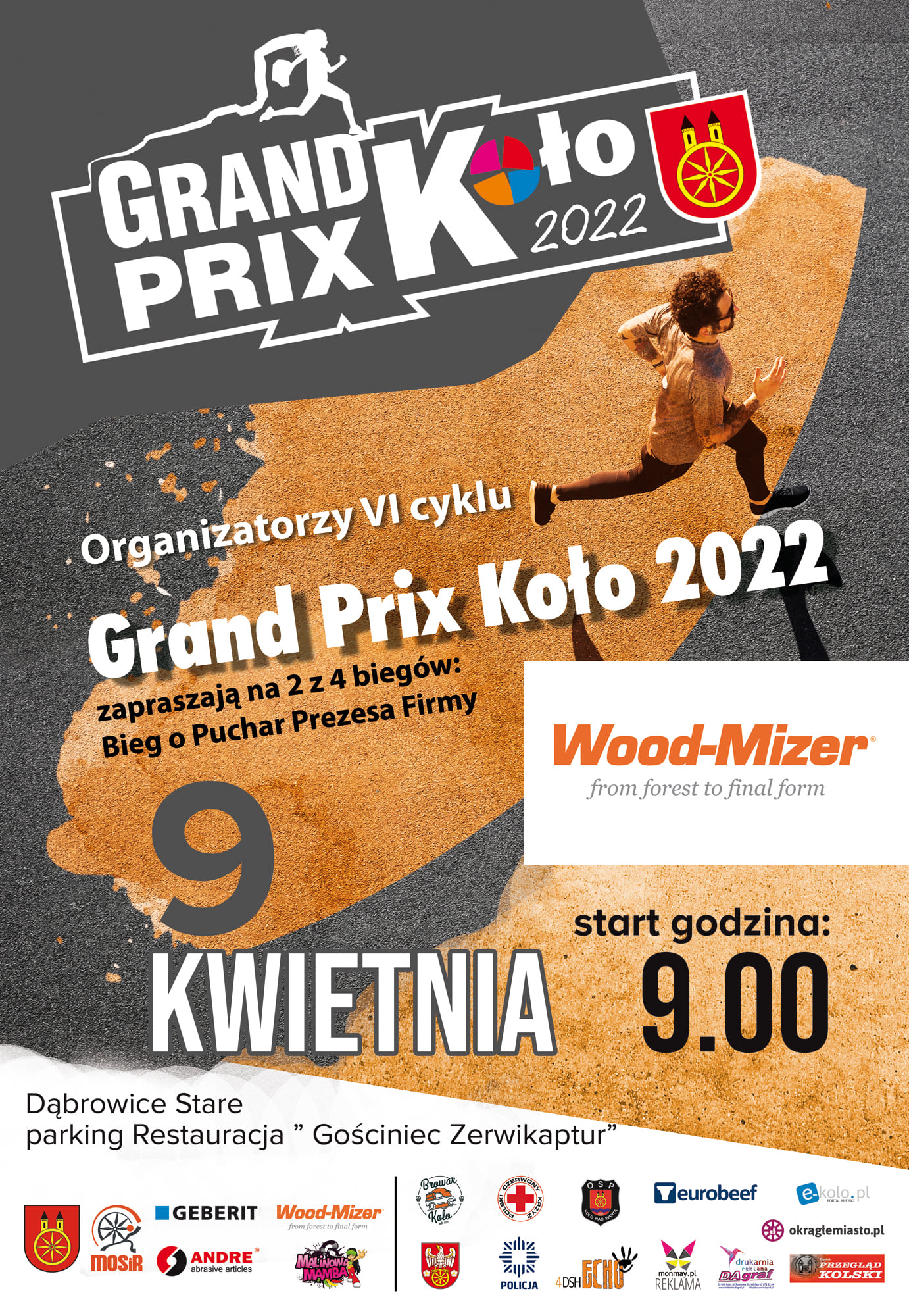 Plakat GRAND PRIX KOŁO 2022 - II bieg o Puchar Prezesa Firmy Wood-Mizer, tekst pod plakatem.