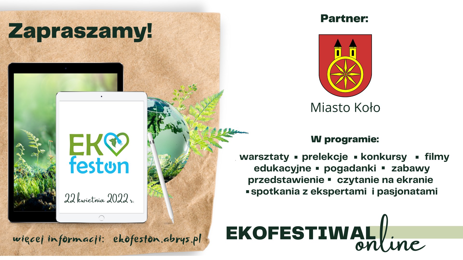 Plakat Zapraszamy na Ekofeston – Ekologiczny Festiwal ON-LINE, tekst pod plakatem