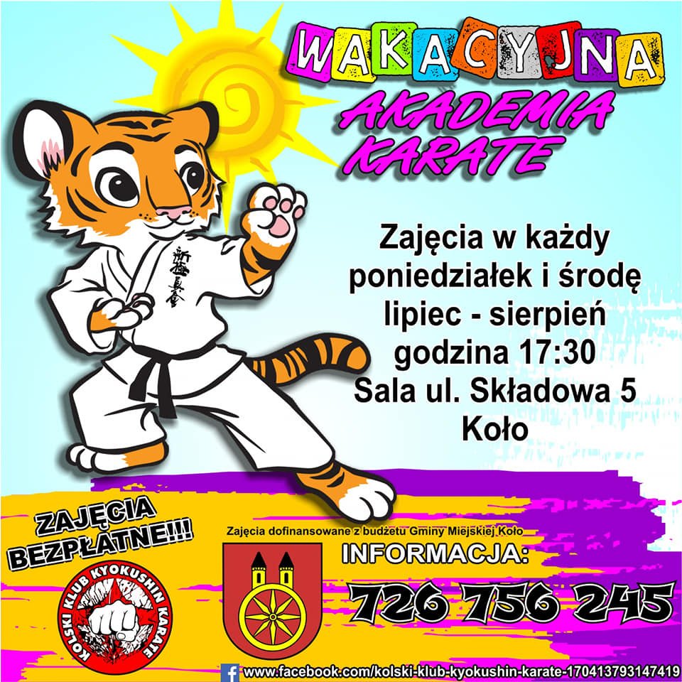 Grafika informująca o bezpłatnej Wakacyjnej Akademii Karate, tekst pod grafiką.