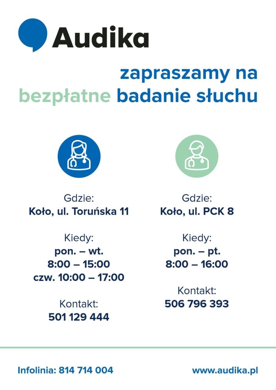 Infografika zapraszamy na bezpłatne badanie słuchu, tekst pod infografiką.