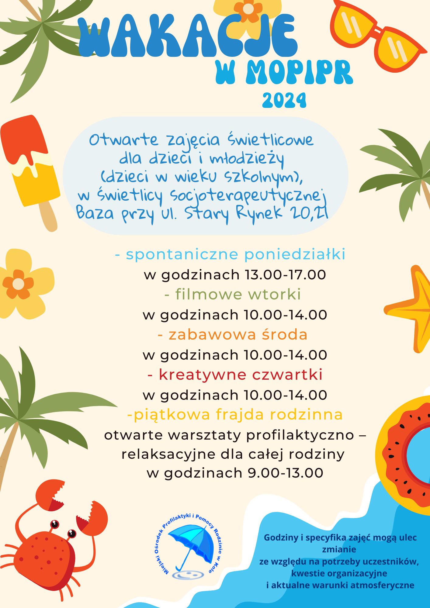 Plakat z programem zajęć wakacyjnych dla dzieci oraz rodzin w świetlicach MOPiPR w Kole