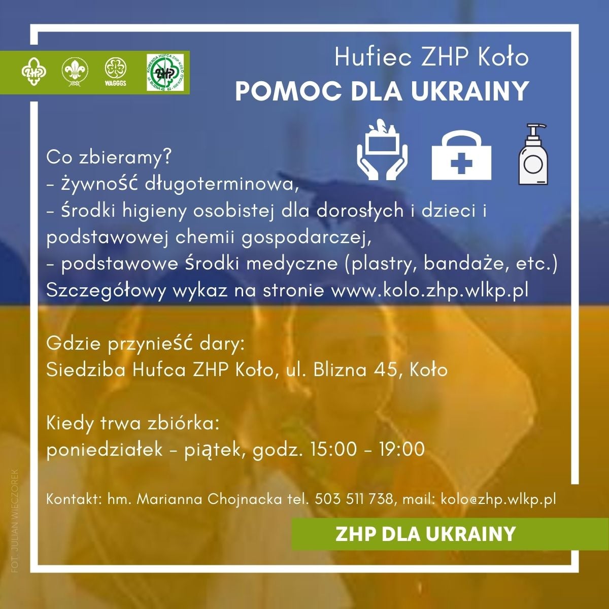 Infografika, Hufiec ZHP Koło: POMOC DLA UKRAINY, tekst pod infografiką.