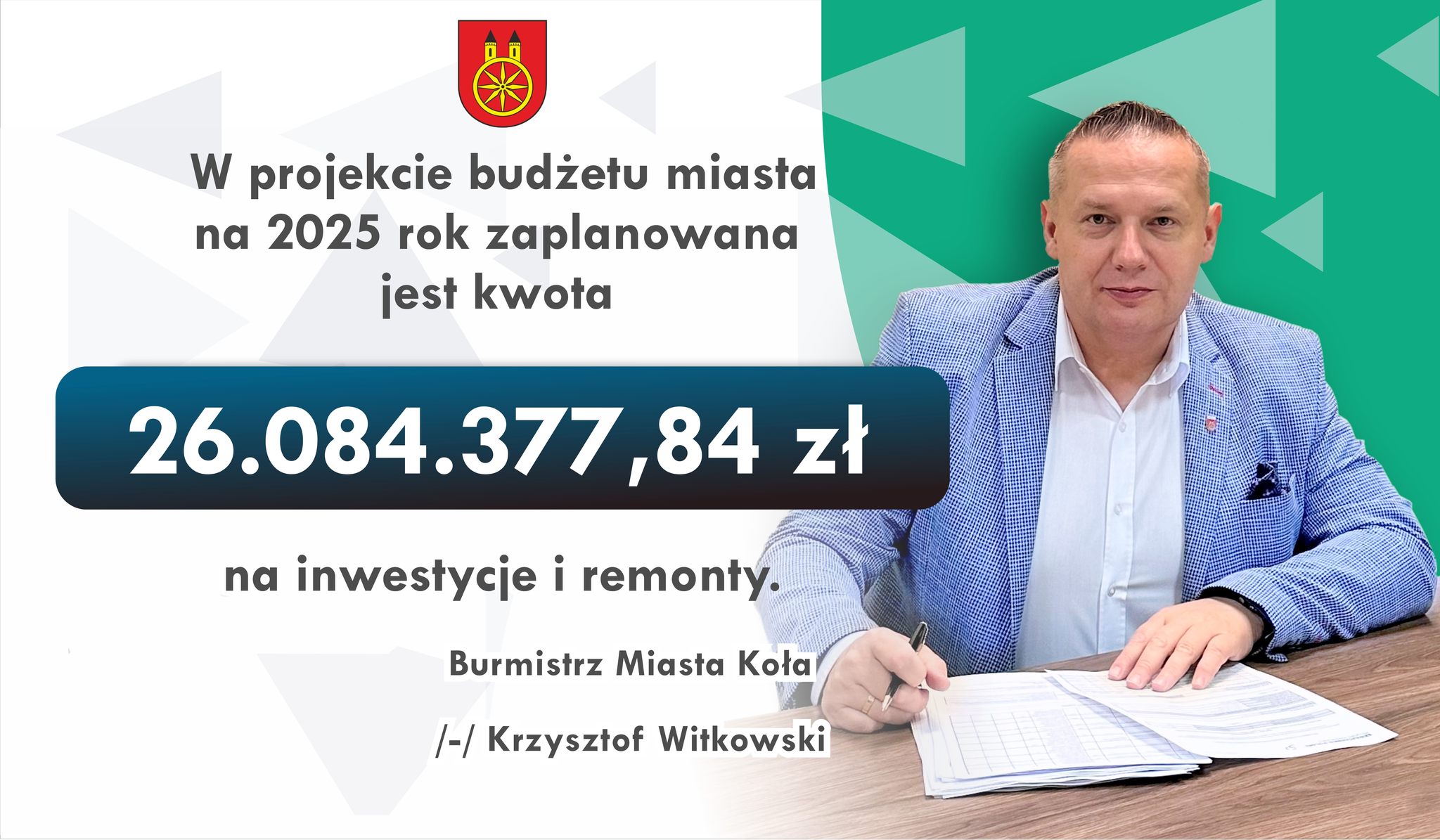 Grafika informująca o podpisaniu przez burmistrza miasta Koła projektu budżetu miasta Koła na 2025 r. Na grafice zamieszczono kwotę zaplanowaną w projekcie budżetu na inwestycje i remonty. Z prawej strony zdjęcie burmistrza podpisującego projekt budż