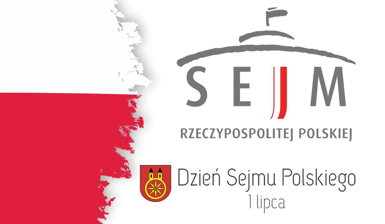 Zdjęcie przedstawia grafikę promującą Dzień Sejmu Polskiego, który przypada 1 lipca. Z lewej strony znajduje się flaga biało-czerwona, z prawej logo Sejmu Rzeczypospolitej Polskiej, pod nim herb miasta Koła.