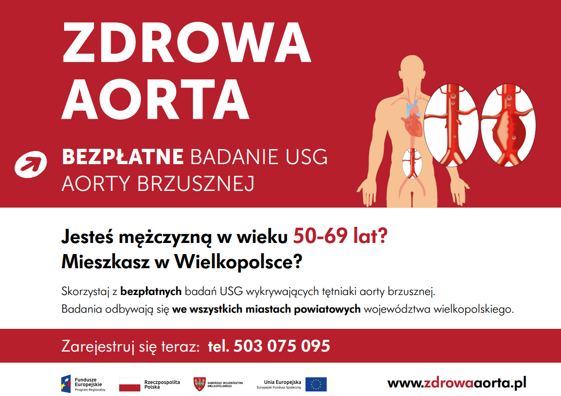 Infografika, bezpłatne badanie USG aorty brzusznej, tekst pod infografiką.