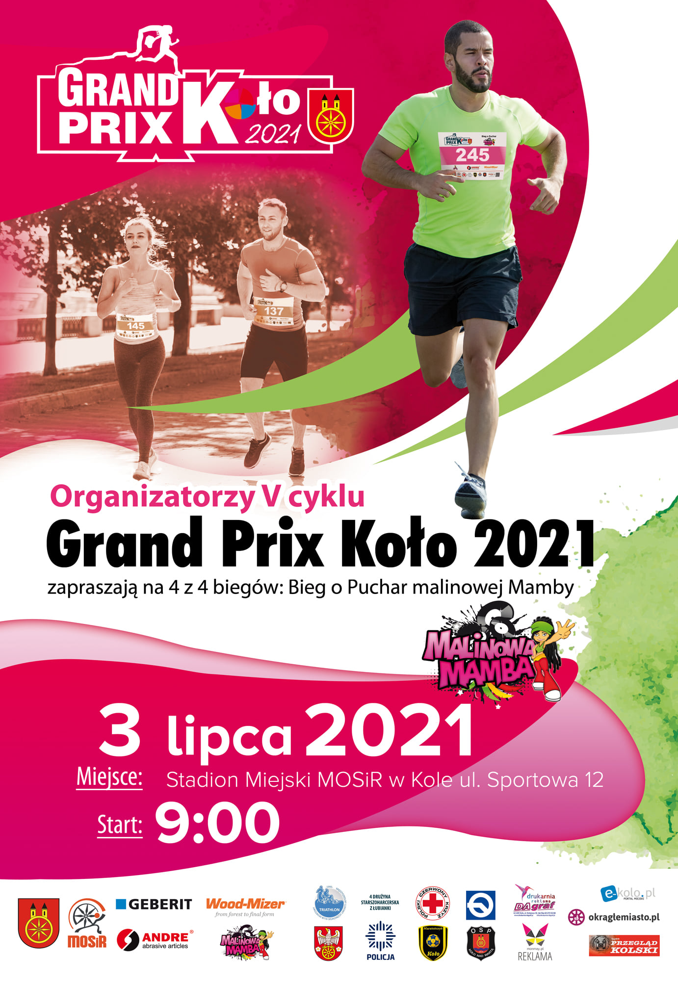 Plakat GRAND PRIX KOŁO 2021 - IV bieg o Puchar Malinowej Mamby, tekst pod plakatem.