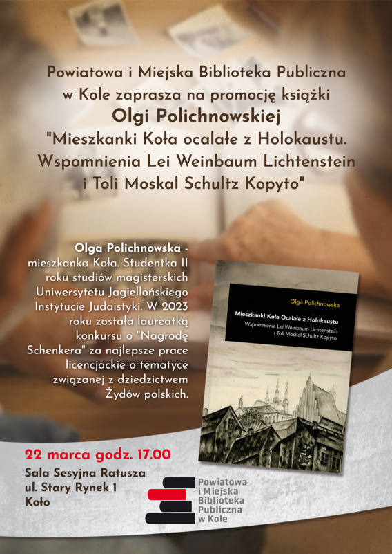 Plakat informujący o promocji książki Olgi Polichnowskiej, tekst pod plakatem