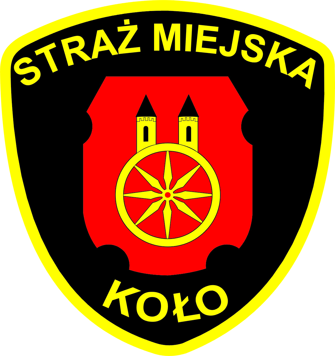 Logo Straży Miejskiej w Kole, herb miasta Koła na czarnym tle z napisem Straż Miejska Koło.