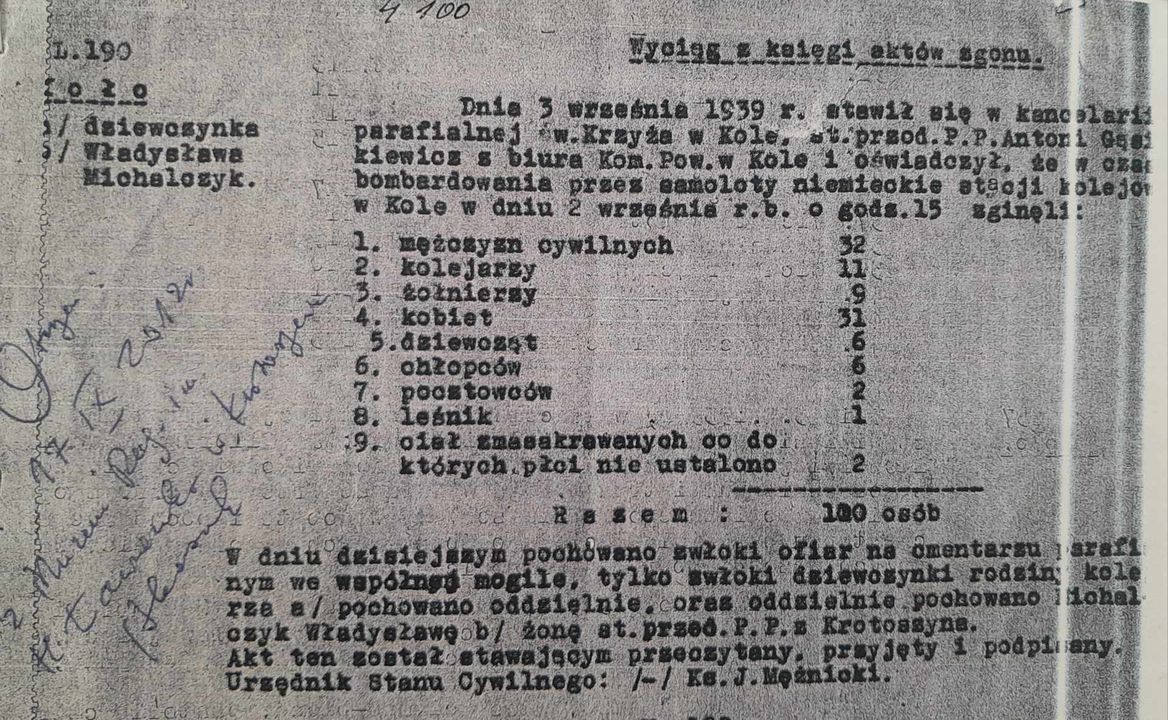 Zdjęcie przedstawia stary dokument (maszynopis) zawierający wyciąg z księgi aktów zgonu (spis nazwisk)