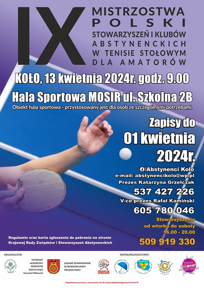 Plakat IX Mistrzostw Polski w Tenisie Stołowym Stowarzyszeń i Klubów Abstynenckich, tekst poniżej.