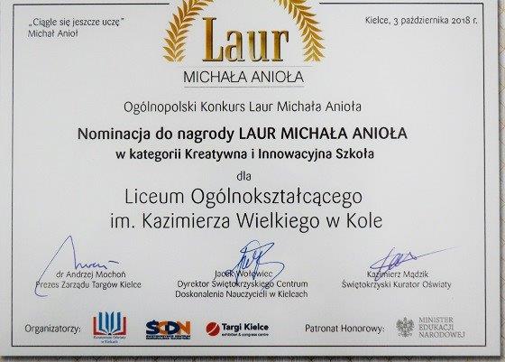 Nominacja do nagrody LAUR MICHAŁA ANIOŁA dla LO w Kole