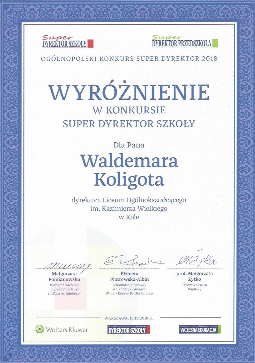 Wyróżnienie dla Liceum Ogólnokształcącego  w Kole