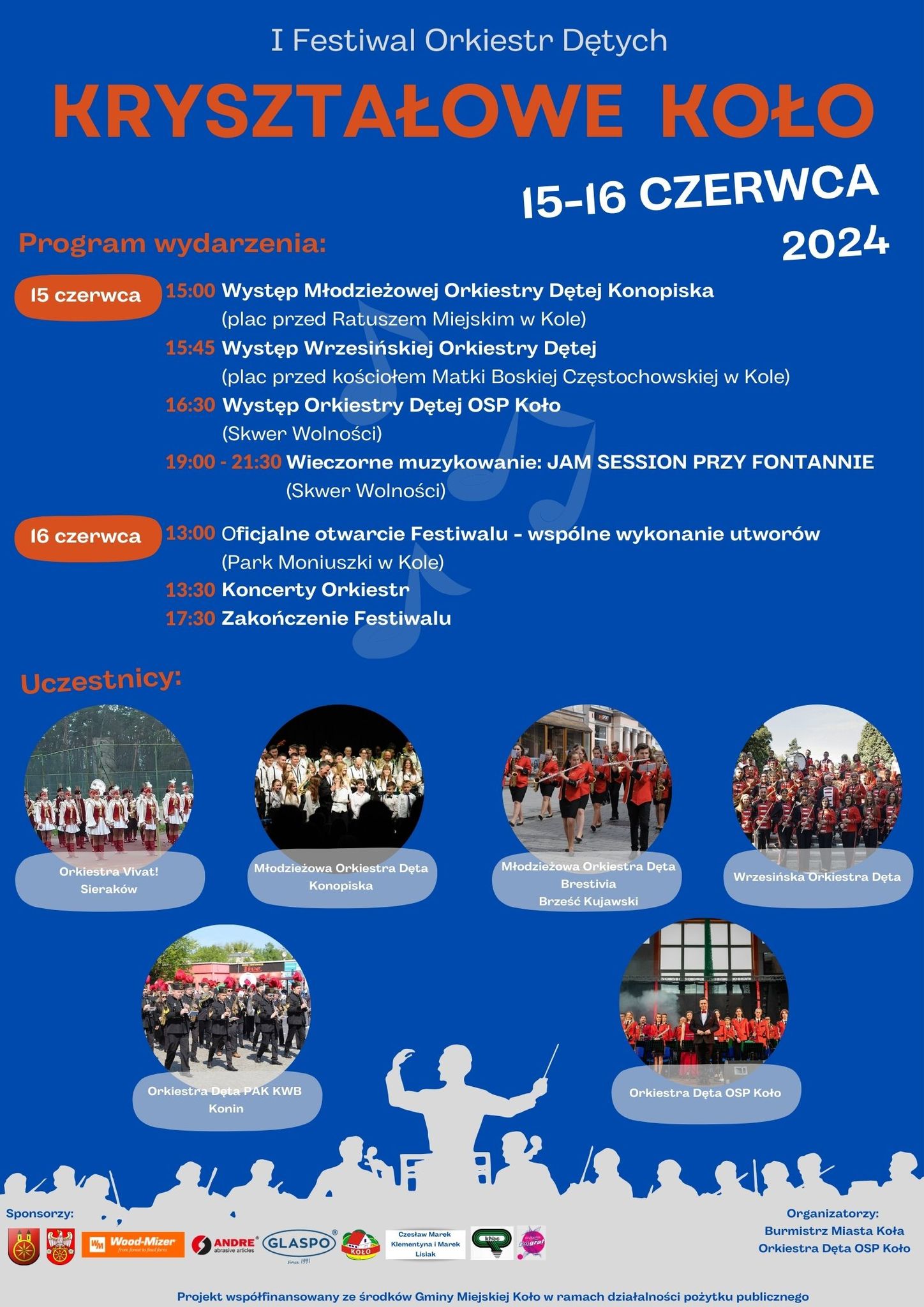 Plakat wydarzenia I Festiwal Orkiestr Dętych KRYSZTAŁOWE KOŁO, 15-16 czerwca 2024 r. w Kole