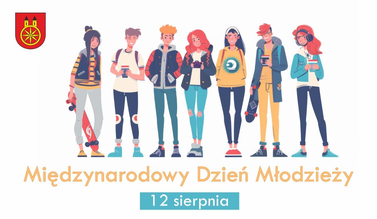 Na obrazku znajduje się ilustracja przedstawiająca grupę siedmiu młodych osób, które stoją obok siebie. Są ubrani w nowoczesne, młodzieżowe ubrania i trzymają w rękach różne przedmioty, takie jak deskorolki, aparat fotograficzny czy książki. 