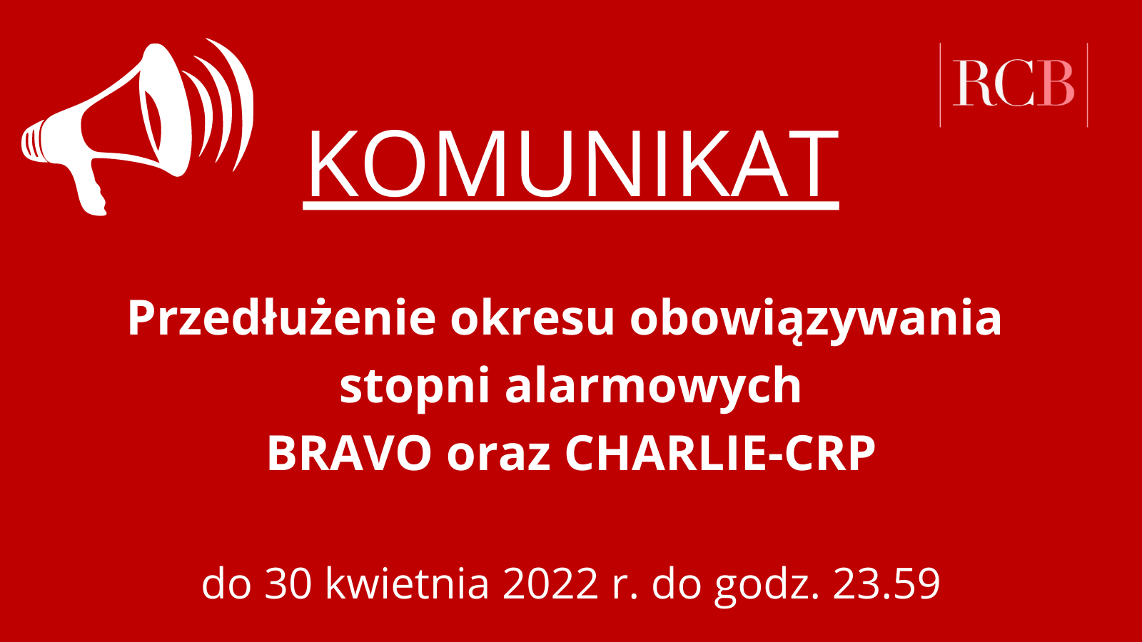 Przedłużenie stopni alarmowych BRAVO oraz CHARLIE-CRP do 30 kwietnia 2022 r.