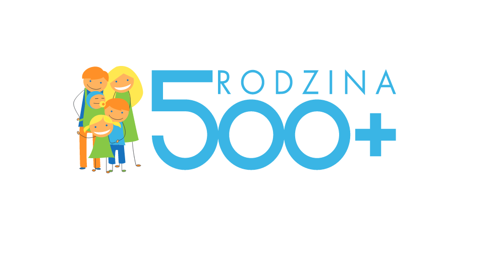 Grafika przedstawia logo programu 500 +, uśmiechnięta rodzina z napisem RODZINA 500 +