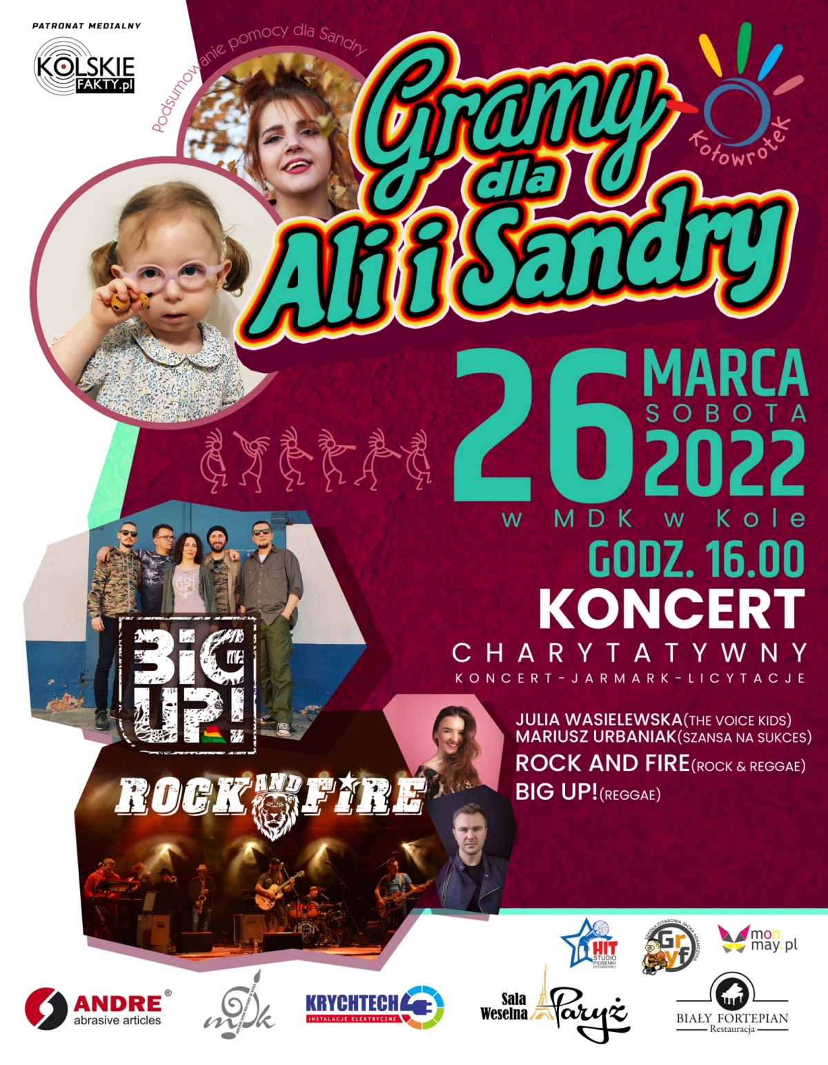 Plakat, Gramy dla Ali i Sandry, koncert charytatywny w MDK w Kole, tekst pod plakatem