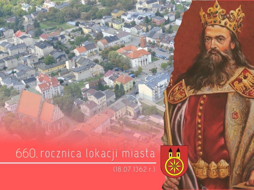 Plansza z napisem 660. rocznica lokacji miasta Koła i herbem (18.07.2022) i herbem miasta Koła