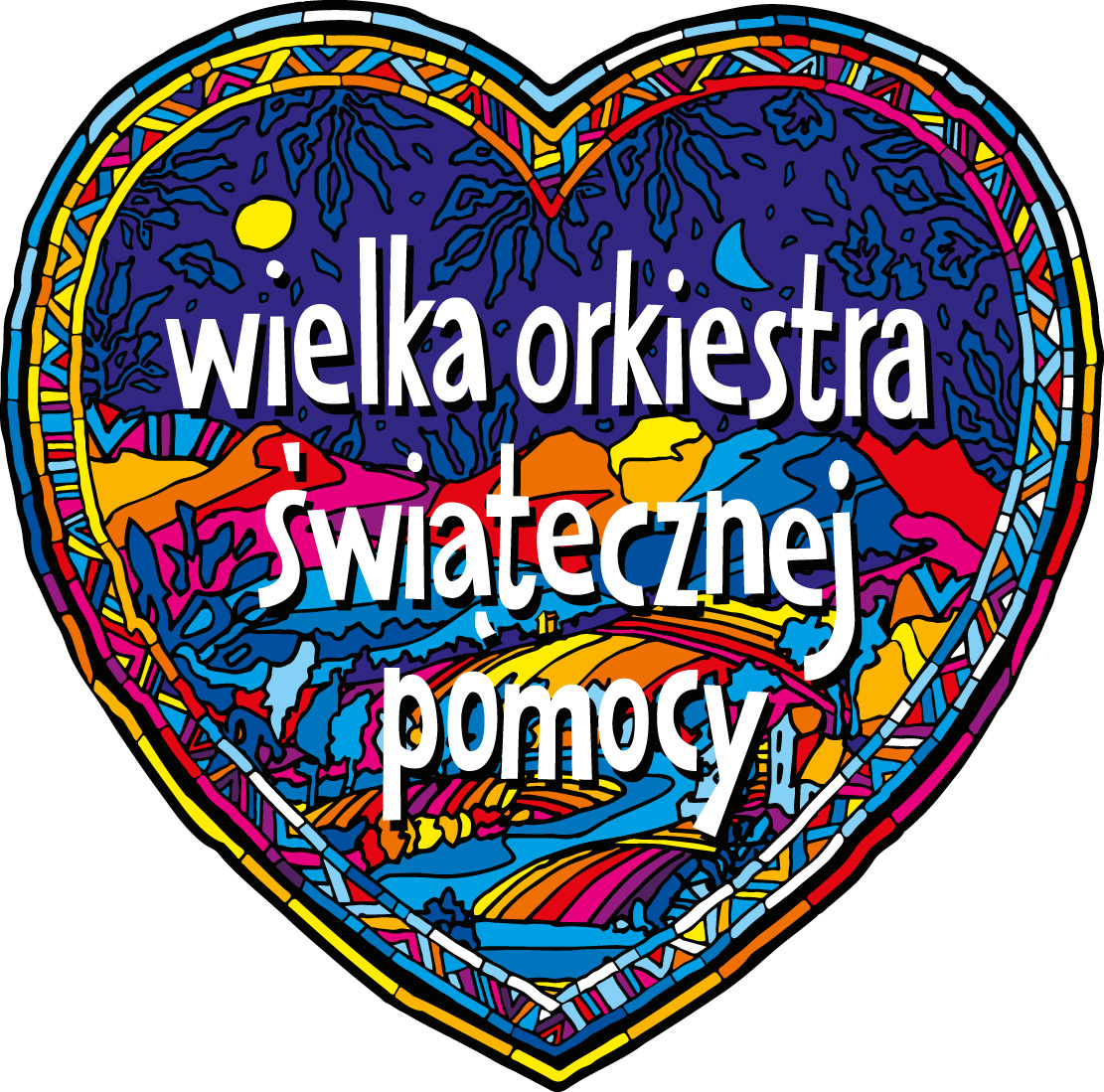 Logo Wielkiej Orkiestry Świątecznej Pomocy przedstawia serce wypełnione kolorowymi motywami.