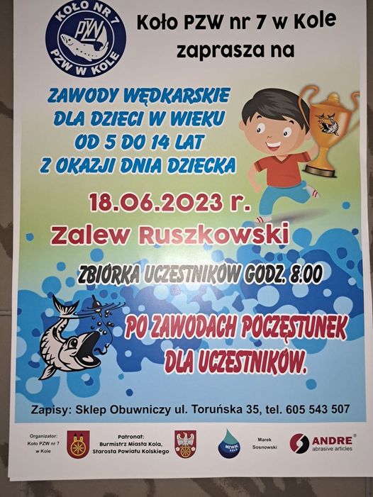 Plakat zawody wędkarskie dla dzieci w wieku od 5 do 14 lat
