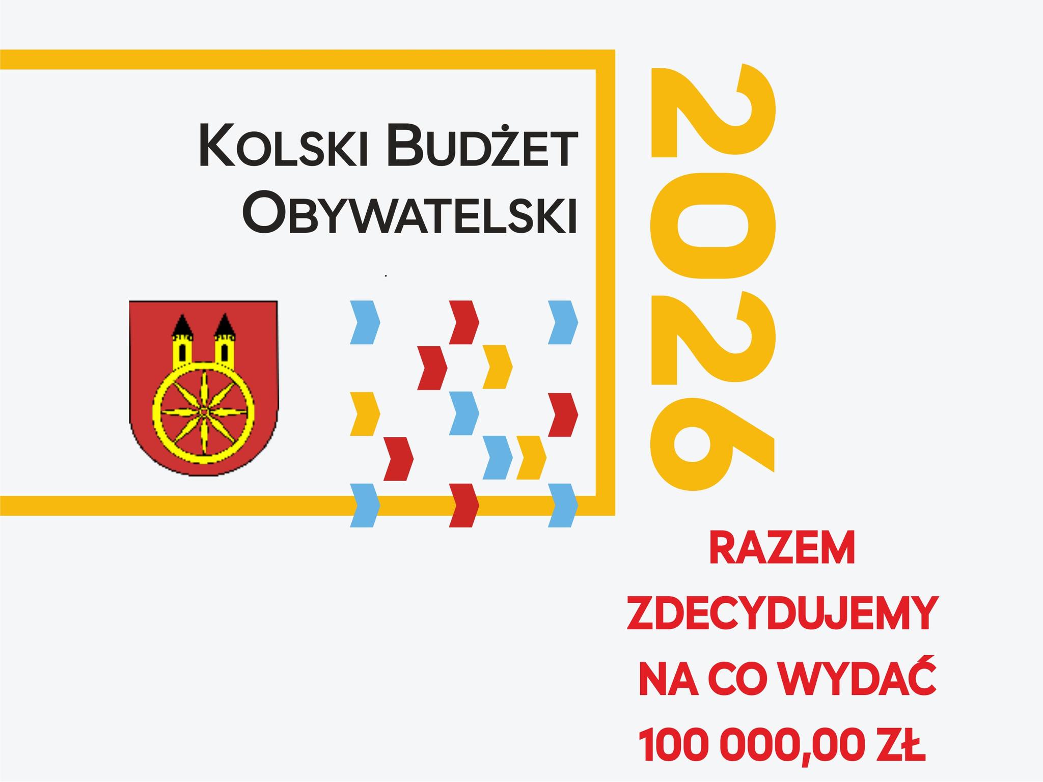 Logotyp Kolskiego Budżetu Obywatelskiego na 2026 rok zawiera herb miasta Koła, przedstawiający czerwone tło z żółtym kołem i dwiema wieżami. Obok herbu napis Kolski Budżet Obywatelski. Po prawej żółty napis 2026