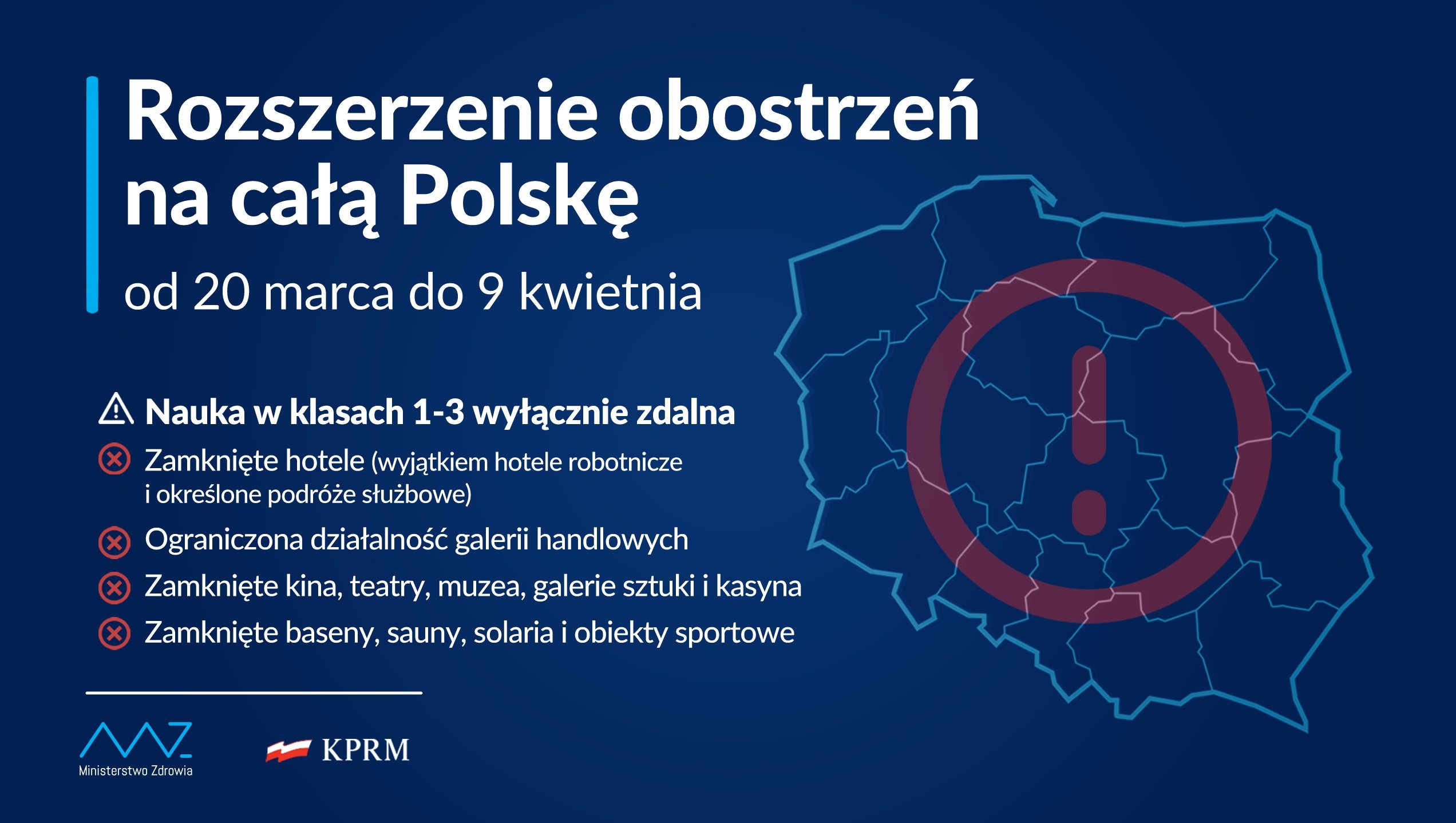 Infografika: od 20 marca do 9 kwietnia w całej Polsce rozszerzone zasady bezpieczeństwa.