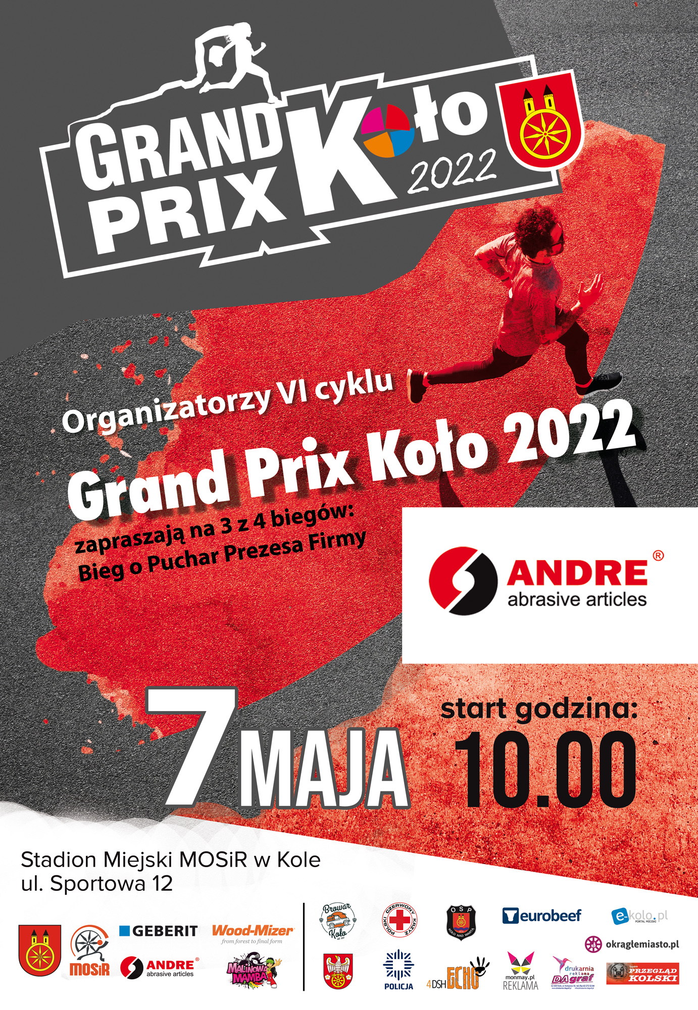 Plakat GRAND PRIX KOŁO 2022 - III bieg Puchar Prezesa Firmy Andre, tekst pod plakatem.