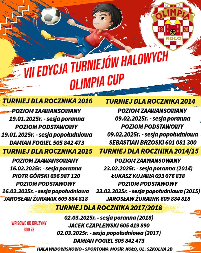 Plakat promuje wydarzenie sportowe związane z piłką nożną, skierowane do dzieci w różnych grupach wiekowych. Na kolorowym tle znajduje się ilustracja chłopca kopiącego piłkę oraz herb klubu Olimpia Koło. W dolnej części informacje o turnieju.