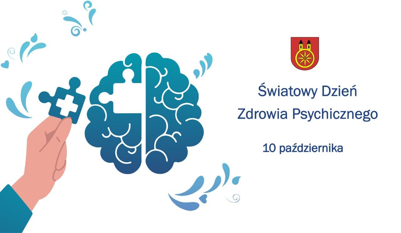 Plansza promująca Światowy Dzień Zdrowia Psychicznego przedstawia rękę trzymającą puzzel, brakujący element w mózgu. Mózg ma niebieski gradient i symbolizuje zdrowie psychiczne. Po prawej stronie napis Światowy Dzień Zdrowia Psychicznego i herb Koła