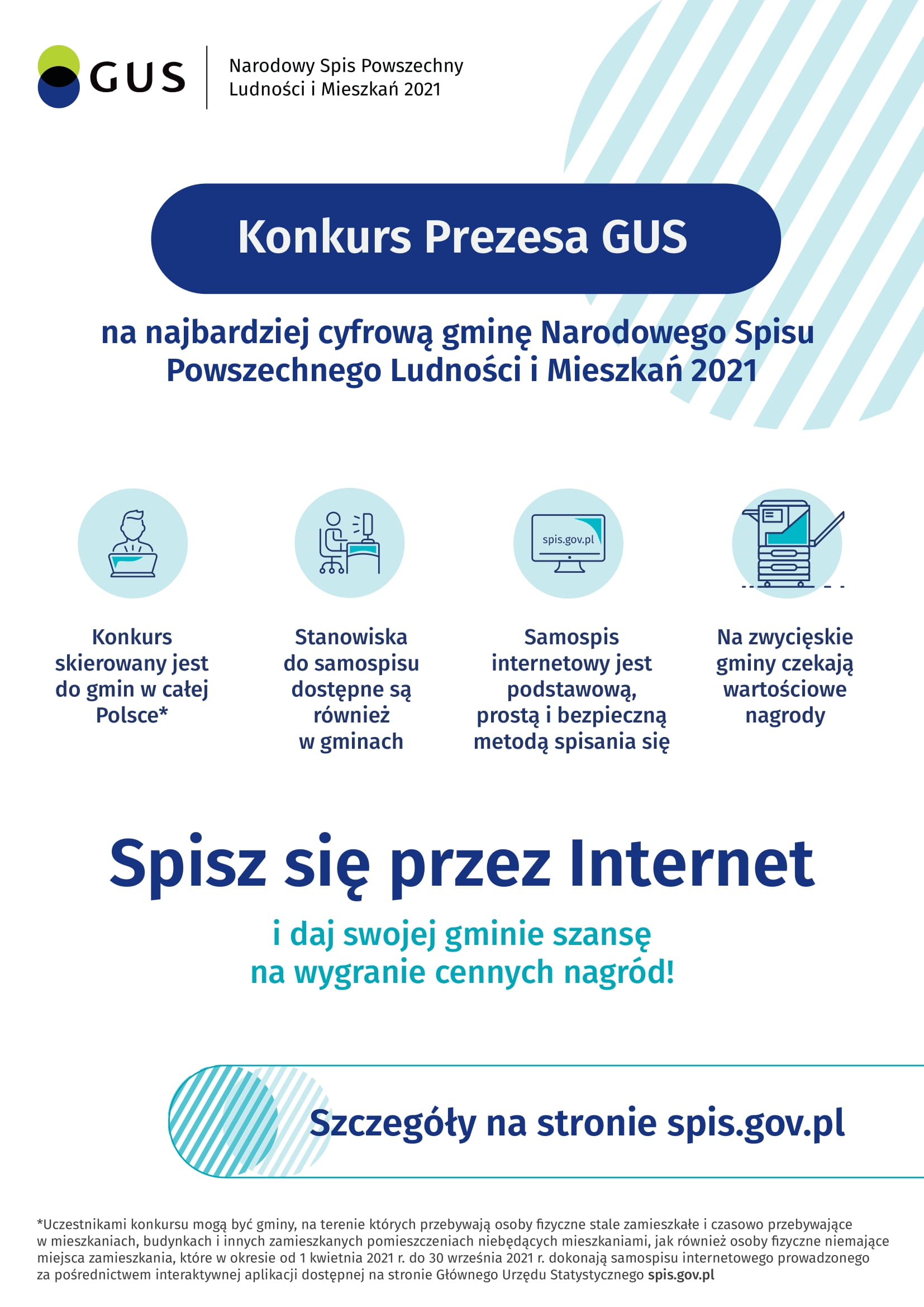 Plakat o konkursie Prezesa GUS na najbardziej cyfrową gminę NSP 2021, tekst pod plakatem.