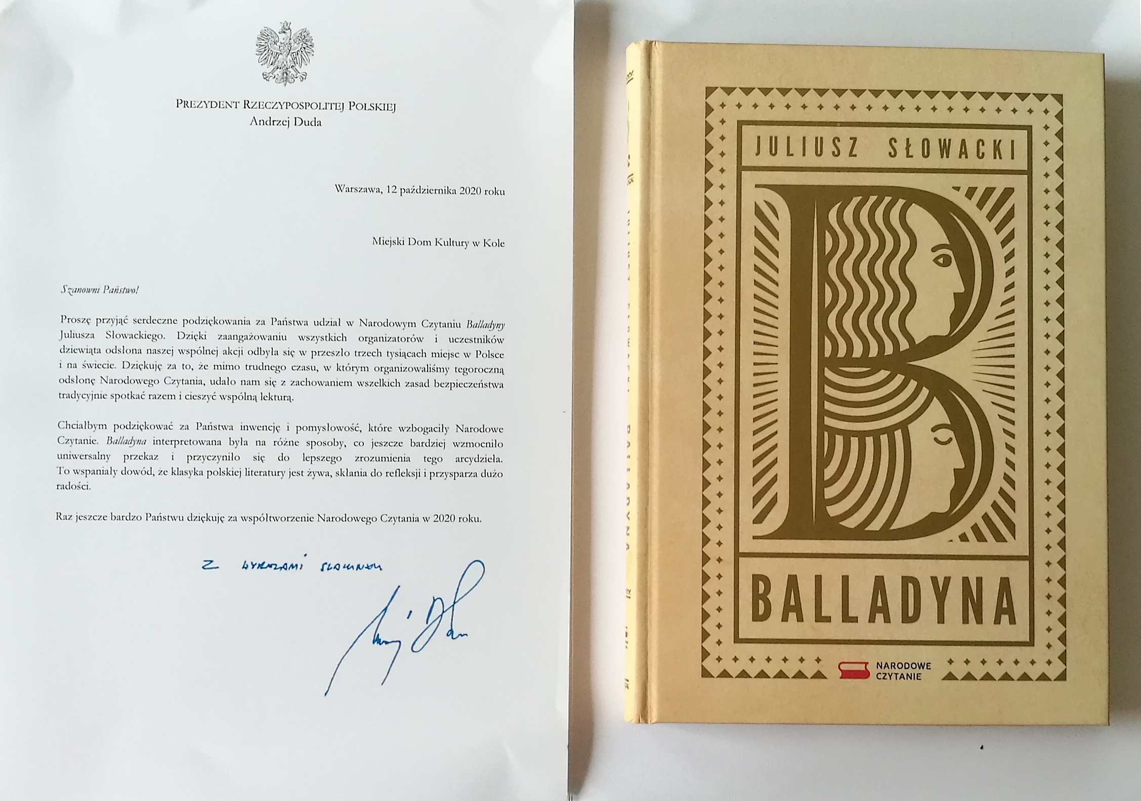 Zdjęcie przedstawia pismo od Pary Prezydenckiej i egzemplarz Balladyny.
