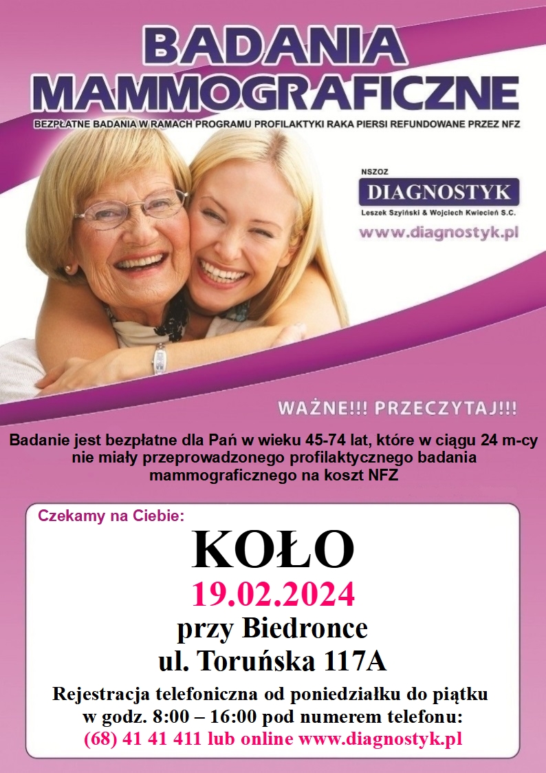Plakat informujący o o bezpłatnych badaniach mammograficznych, tekst pod plakatem