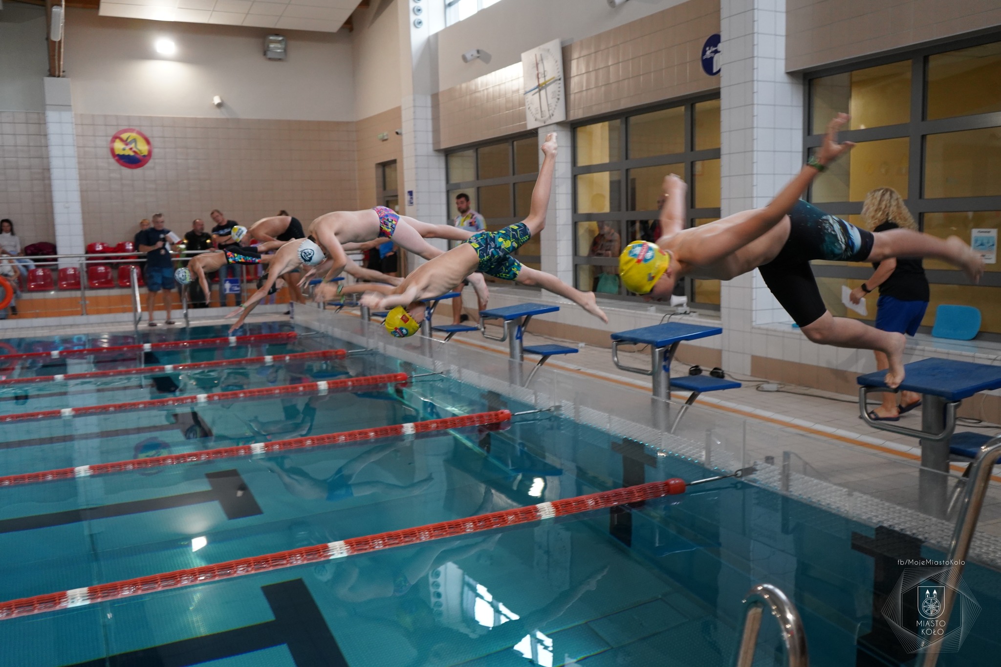 Zawodnicy zawodów pływackich wskakują z pozycji startowych do basenu