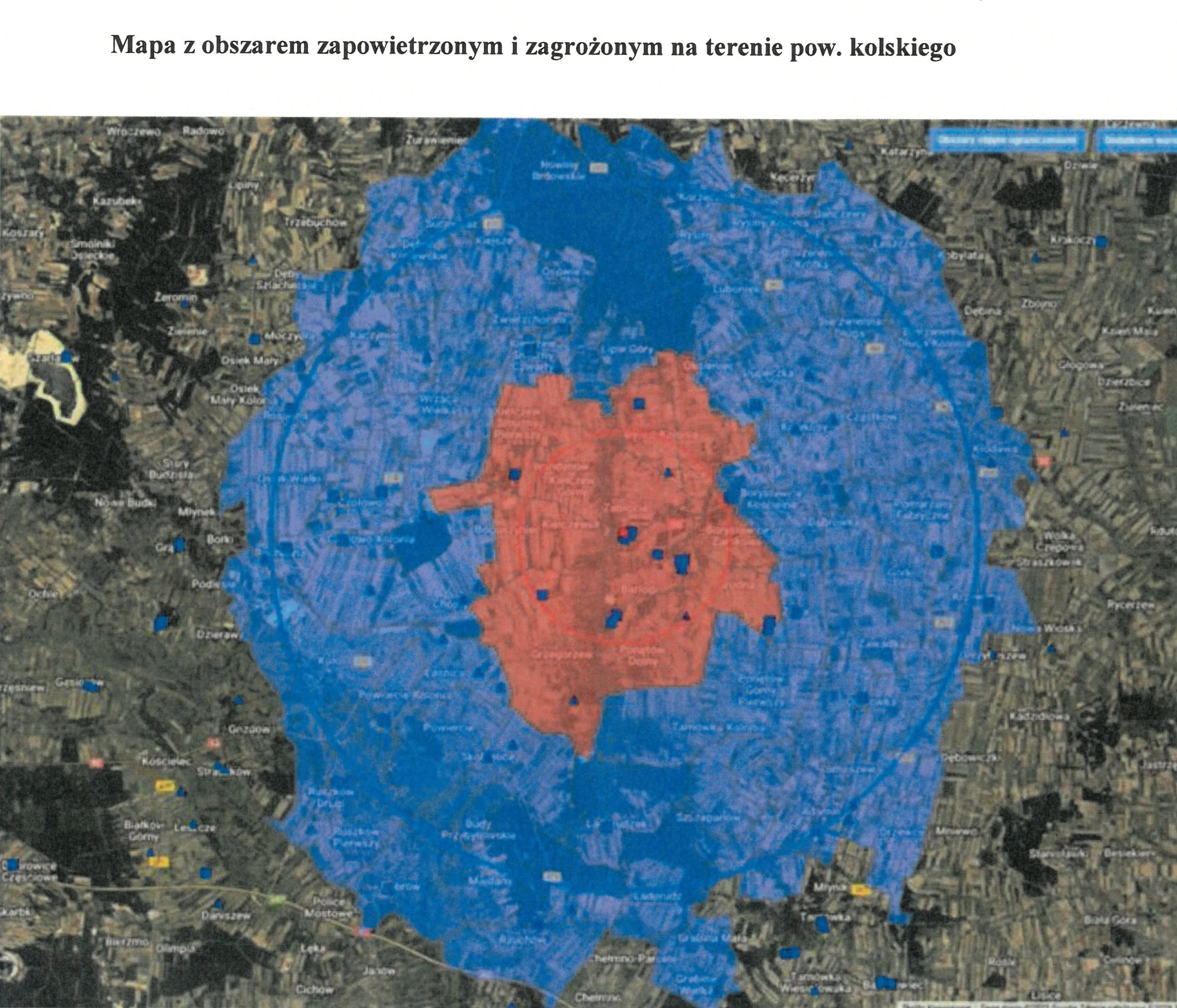 Mapa przedstawia obszar zapowietrzony (czerwony) i zagrożony (niebieski) na terenie powiatu kolskiego, związany z ptasią grypą.