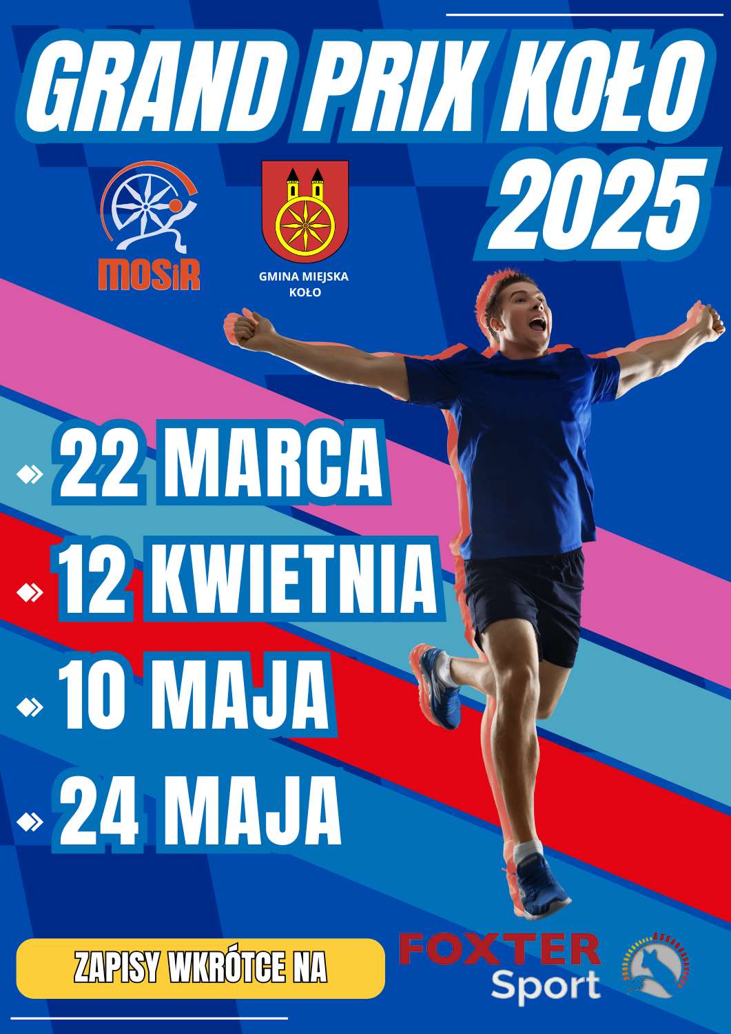 Plakat promujący wydarzenie Grand Prix Koło 2025 prezentuje dynamiczny i nowoczesny styl, który przyciąga uwagę. Dominującym motywem jest sportowiec w ruchu, symbolizujący energię i rywalizację sportową.