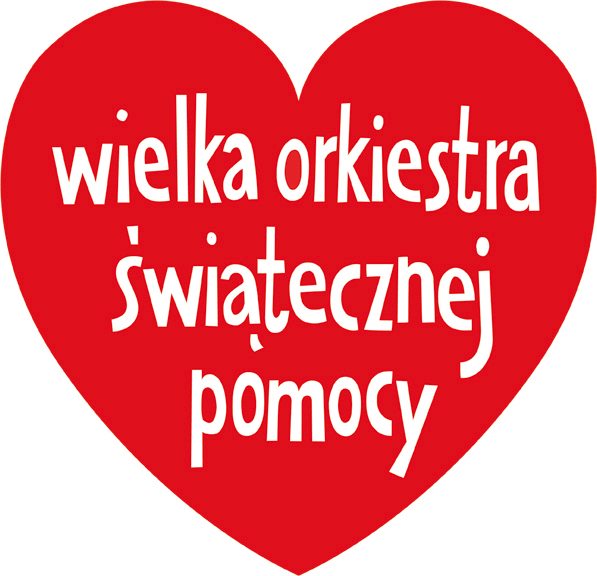 Logo WOŚP, czerwone serce z białym napisem Wielka Orkiestra Świątecznej Pomocy