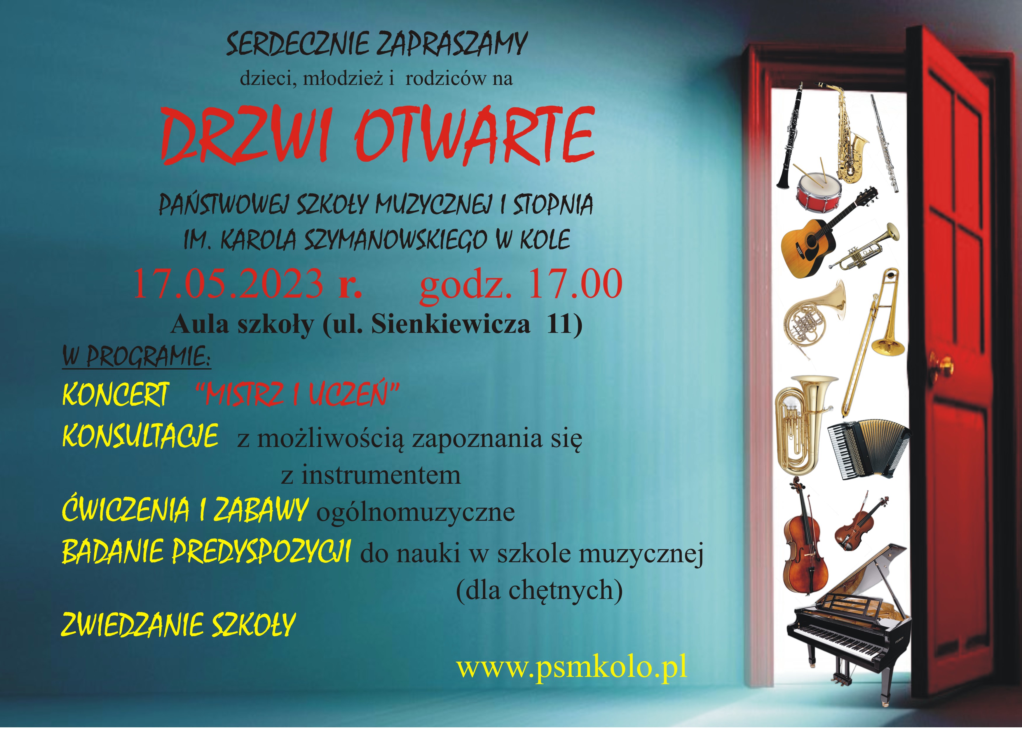 Plakat DRZWI OTWARTE Państwowej Szkoły Muzycznej I stopnia im. Karola Szymanowskiego w Kole