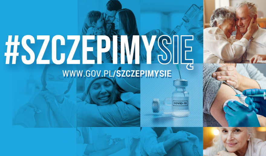Grafika przedstawia logo akcji #szczepimysie i adres www.gov.pl/szczepimysie