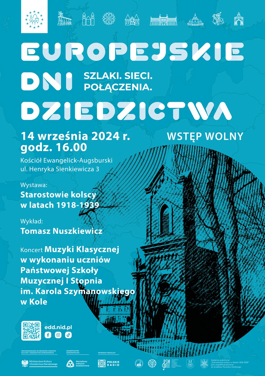 Plakat promujący koncert w ramach Europejskich Dni Dziedzictwa, który odbędzie się w Kościele Ewangelicko-Augsburskim w Kole 14 września 2024 r. o godz. 16.00. Plakat ma tło w kolorze niebieskim, ze zdjęciem kościoła.